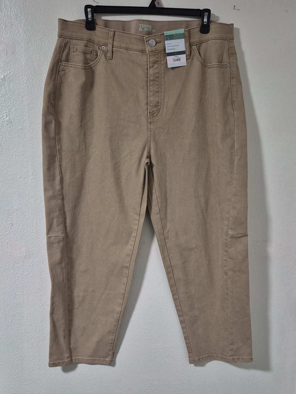 Terra & Sky Women's High Rise Barrel Jeans Tan